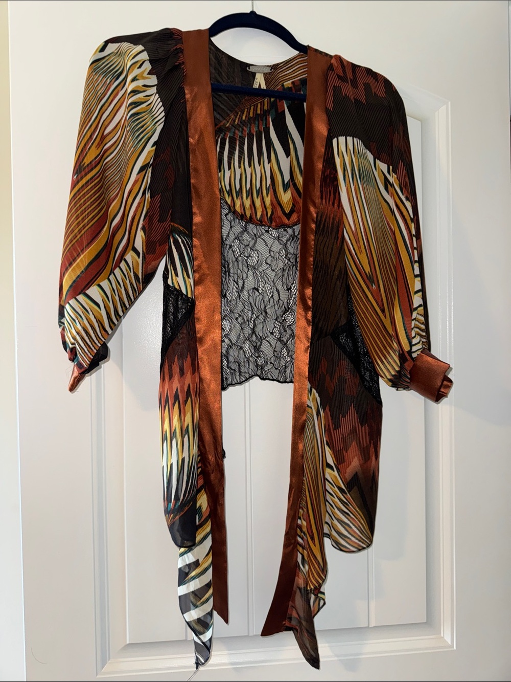 gimmicks by BKE Rust Multi-Color Satin-Trim Open-Front Kimono Blazer